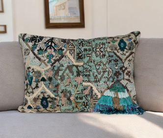 Boho Teal & Beige Botanical Lumbar Throw Pillow with Tassels – 14" x 20" Cotton Accent Pillow