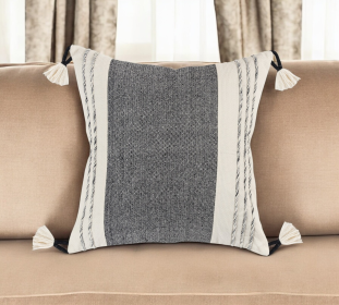 20" White and Black Striped Cotton Throw Pillow with Tassels and Texture