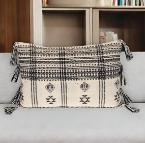 14" x 20" Beige & Black Southwestern Cotton Lumbar Throw Pillow with Tassels