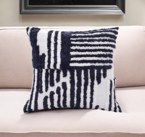 22" Navy & White Geometric Cotton Throw Pillow with Fringe