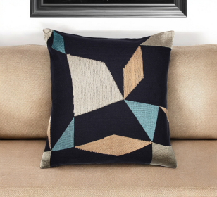 20" Blue & Beige Embroidered Geometric Cotton Blend Throw Pillow