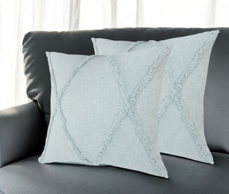 Set of Two Blue Diamond Cotton Throw Pillow With Fringe