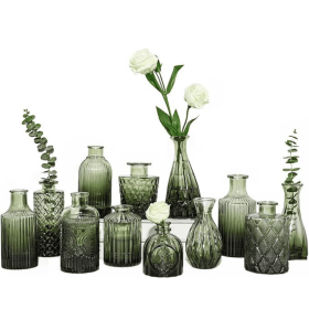 12pcs Green Glass Bud Vases Set, Small Vases for Flowers, Bud Vase for Centerpieces in Bulk, Mini Vintage Vase for Wedding Decorations