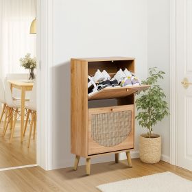 2-Tilt Shoe Cabinet with Arched Rattan Surface, MDF with Triamine, 54*24*98cm, Natural Wood Color
