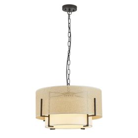 19.7in  Farmhouse Boho Chandelier,4-Light Hand Woven Rattan Pendant Light With Fabric Shade Rustic Drum Chandelier For Dining Room Kitchen Bedroo (Option: Default)