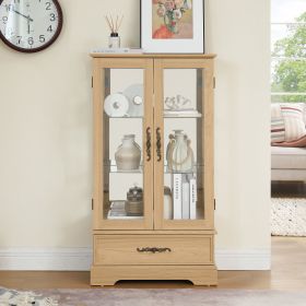 Glass Cabinet Lighted Glass Cabinet Curio Display Cabinet with Adjustable Glass Shelves 2 Doors and 1 drawer Cabinet Bulb Included Cherry (Color: Oak, Material: MDF+glass)